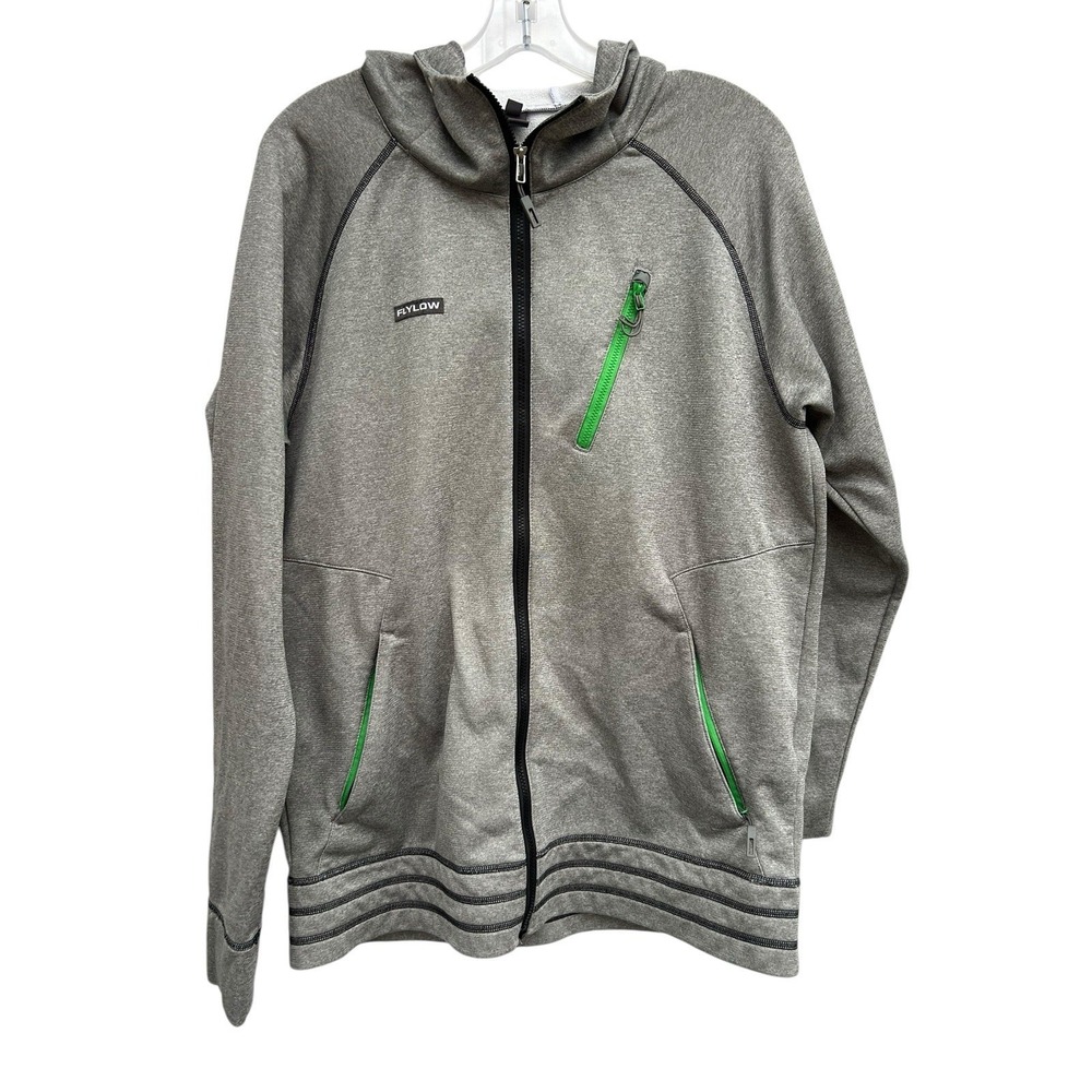 Flylow Mens Large Technical Full Zip Hoodie Gray Sweatshirt Green Trim Active